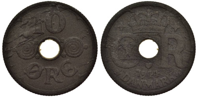 ДАНИЯ 10 ЭРЕ 1944 N; GJ, КРИСТИАН X (1912-1947) KM 822.2а цинк 4549-866