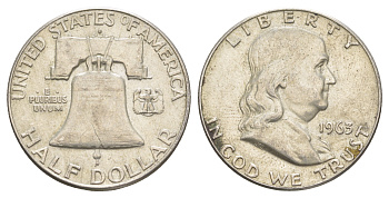 США 1/2 доллара (50 центов) 1963 Бенджамин Франклин, колокол KM 199 серебро    4653-141