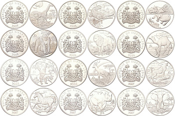 Сьерра-Леоне полный набор из 12 монет (1 доллар) 2005-2007 полная серия животные KM 304, 305, 306, 311, 312, 313, 314, 321, 326, 327, 328 и 329 медно-никель BU N3-37-38