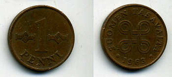 Финляндия 1 пенни 1963 первый год KM 44 медь 61-1151