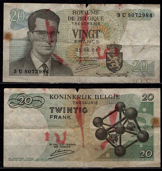 Бельгия 20 франков 1964 Бодуэн I; Атомиум, Брюссель Pick 138 (3) бумага 7548-121-2-2
