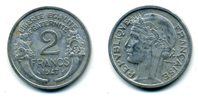 Франция 2 франка 1947 KM 886a.1 алюминий 35-631