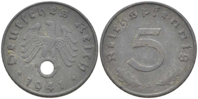 ГЕРМАНИЯ 5 РЕЙХСПФЕННИГОВ 1941 A KM 100, J. 370 цинк 211-538