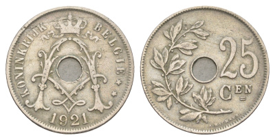 Бельгия 25 сантимов 1921 Belgie, Альберт I (1909-1934) KM 69 медно-никель 4538-642