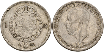 Швеция 1 крона 1946 TS, Густав V (1907-1950) KM 814 серебро 4148-1026