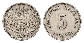 Германия 5 пфеннигов 1898 E, Вильгельм II (1888-1918) KM 11, J. 12 медно-никель 54-447
