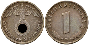 Германия 1 рейхспфенниг 1939 D KM 89, J. 361 бронза 4567-1068
