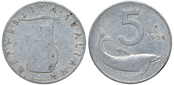 Италия 5 лир 1954 R, дельфин KM 92 алюминий 4164-422