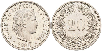 Швейцария 20 раппенов 1985 KM 29a медно-никель 55-1022
