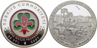 Турция 35 новых лир 2007 100 лет скаутскому движению, эмаль KM NEW серебро PROOF 1081-3-62