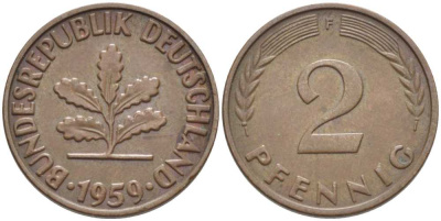 ФРГ 2 ПФЕННИГА 1959 F KM 106, J. 381 бронза 116-313
