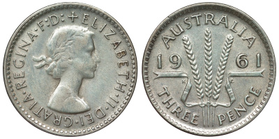 Австралия 3 пенса 1961 m, Елизавета II (1952-2022) KM 57 серебро 71-729
