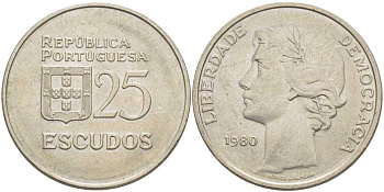 Португалия 25 эскудо 1980 первый год KM 607а медно-никель 113-251