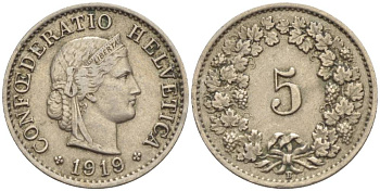 Швейцария 5 раппенов 1919 В KM 26 медно-никель 4532-921