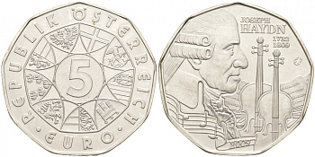 Австрия 5 евро 2009 200 лет со дня смерти Йозефа Гайдна KM 3170 серебро UNC 1521-1114