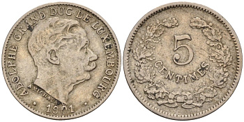 Люксембург 5 сантимов 1901 герцог Адольф (1890-1905) KM 24 медно-никель 4585-758