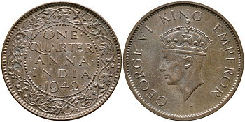 Британская Индия 1/4 анна 1942 Георг VI (1937-1952) KM 531 бронза aUNC 3334-435