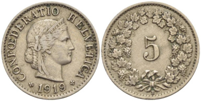Швейцария 5 раппенов 1919 В KM 26 медно-никель 4532-921