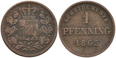 Бавария 1 пфенниг 1865 Людвиг II (1864-1886) KM 856 медь 4136-1254