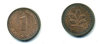 ФРГ 1 ПФЕННИГ 1984 J KM 105, J.380 сталь плакированная медью 46-2057