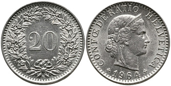 Швейцария 20 раппенов 1964 B KM 29а медно-никель 4529-736