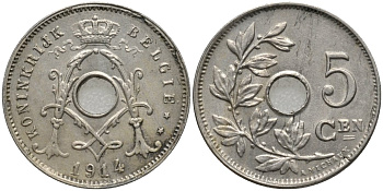 Бельгия 5 сантимов 1914 BELGIE KM 67 медно-никель 4516-927