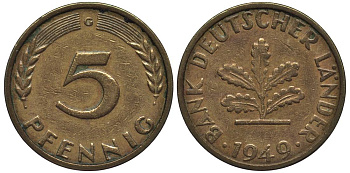 ФРГ 5 ПФЕННИГОВ 1949 G KM 102, Jager 377 сталь плакированная латунью 4547-737