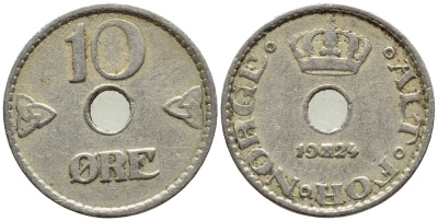 НОРВЕГИЯ 10 ЭРЕ 1924 KM 383 медно-никель 4396-357