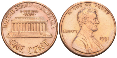 США 1 ЦЕНТ 1991 ЛИНКОЛЬН KM 201b цинк плакированный медью 188-339