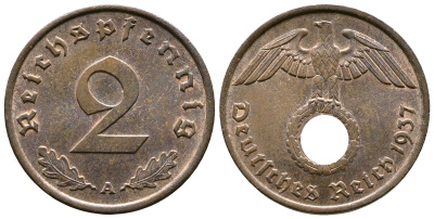 Германия 2 рейхспфеннига 1937 A KM 90, J. 362 бронза 176-536