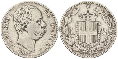 Италия 2 лиры 1887 R, Умберто I (1878-1900) KM 23 серебро 68-827