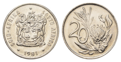 ЮАР 20 центов 1981 герб, цветок протея KM 86 никель UNC 4693-736