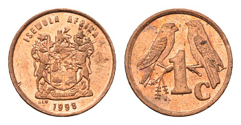 ЮАР 1 цент 1998 герб, капские воробьи KM 170 сталь плакированная медью UNC 4694-228