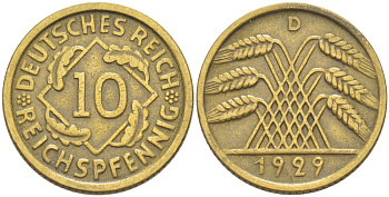 ГЕРМАНИЯ 10 РЕЙХСПФЕННИГОВ 1929 D KM 40, J. 317, Weege 9 алюминиевая бронза 4182-715