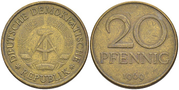ГДР 20 пфеннигов 1969 А, первый год KM 11 латунь 219-1122