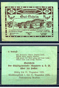 Маутерн-на-Дунае 20 геллеров 1920 Jaksc/Pick?JPR0600IIc-20 бумага aUNC 7556-32-4-2