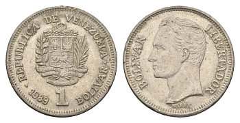 Венесуэла 1 боливар 1989 Симон Боливар, тонкий шрифт Y 52a.1 сталь плакированная никелем 4662-851