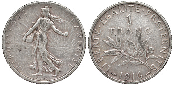 ФРАНЦИЯ 1 ФРАНК 1916 СЕЯТЕЛЬ KM 844.1, LE FRANC 217.22 серебро 4178-614