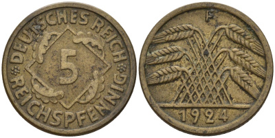 Германия 5 рейхспфеннигов 1924 F KM 39, J. 316 алюминиевая бронза 4151-714