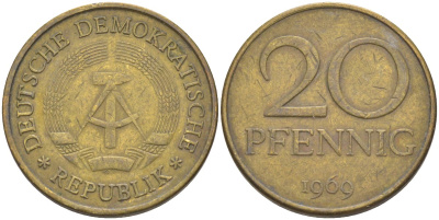 ГДР 20 пфеннигов 1969 А, первый год KM 11 латунь 219-1122