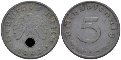 ГЕРМАНИЯ 5 РЕЙХСПФЕННИГОВ 1942 A KM 100, J. 370 цинк 105-255