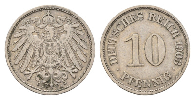 Германия 10 пфеннигов 1903 A, Вильгельм II (1888-1918) KM 12, J. 13 медно-никель 4636-843