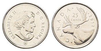 Канада 25 центов 2012 Елизавета II (1952-2022), олень KM 493 сталь плакированная никелем 110-341
