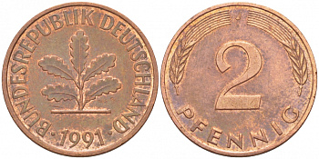 ФРГ 2 ПФЕННИГА 1991 J KM 106a, J.381a сталь плакированная сталь плакированная медьюю 4396-1622