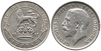Великобритания 6 пенсов 1915 Георг V (1910-1936) KM 815, Spink 4014 серебро 1518-634