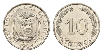 Эквадор 10 сентаво 1968 KM 76c сталь плакированная никелем UNC 4643-1156