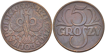 ПОЛЬША 5 ГРОШЕЙ 1938 w KM 10а, Parchimowicz 103j бронза 216-947