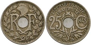 Франция 25 сантимов 1918 KM 867a медно-никель 51-2923