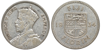 Фиджи 1 флорин 1934 Георг V (1910-1936), герб Фиджи KM 5 серебро    91-1124