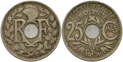 Франция 25 сантимов 1918 KM 867a медно-никель 51-2923